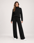 Women’s Knitted Co-Ord Set with Roll Neck and Wide Leg Trousers in Black, full body view