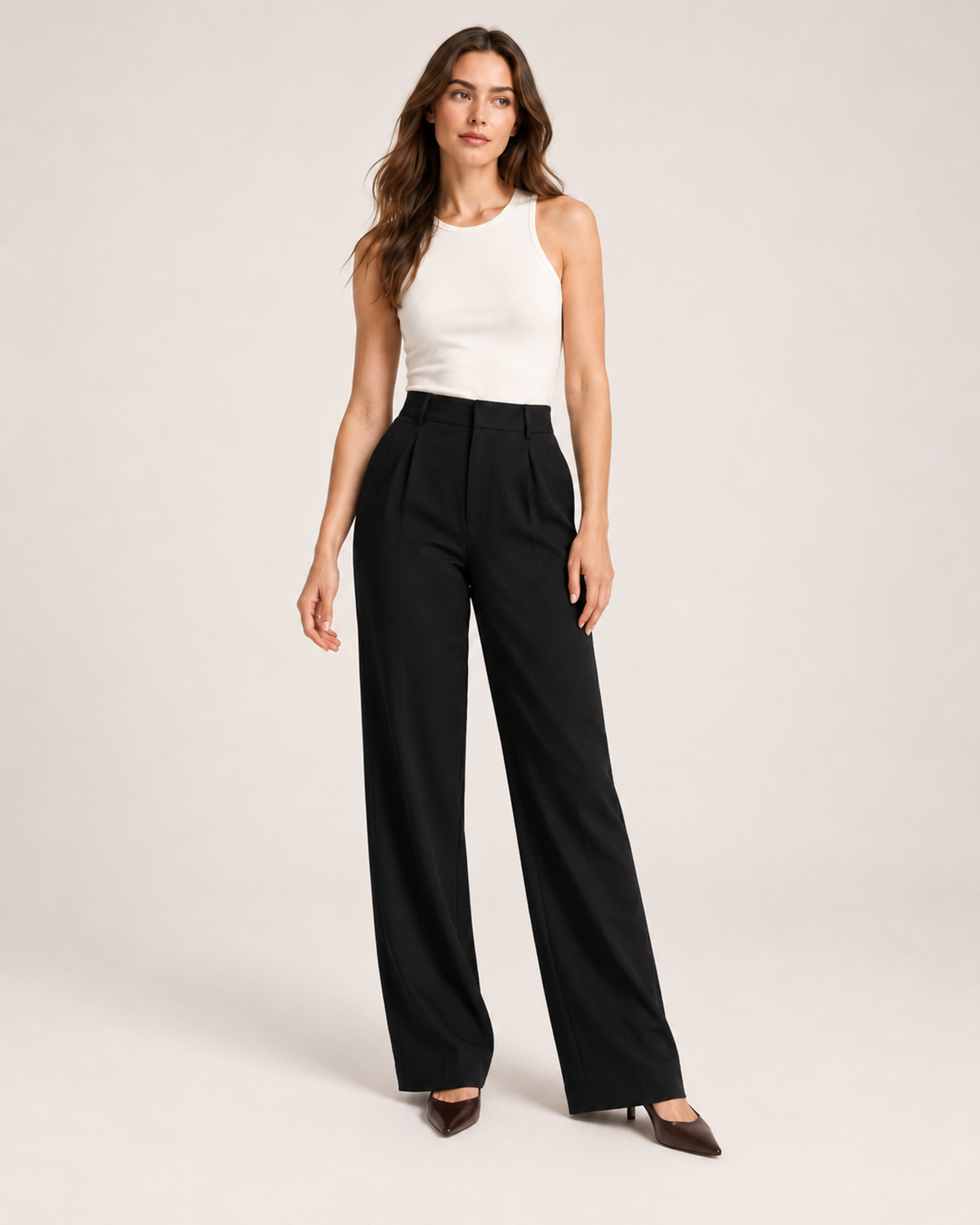 Women’s Wide Leg Trousers with High Waist and Pockets in Black, full body view