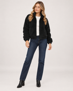 Women’s Fleece Jacket with Funnel Neck and Zip Front in Black, full body view