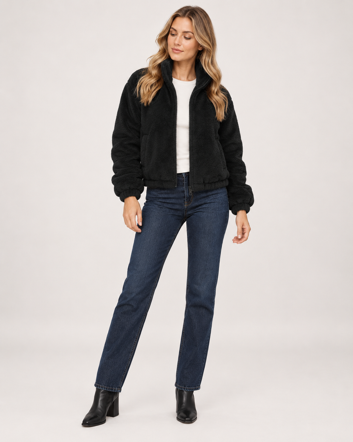 Women’s Fleece Jacket with Funnel Neck and Zip Front in Black, full body view