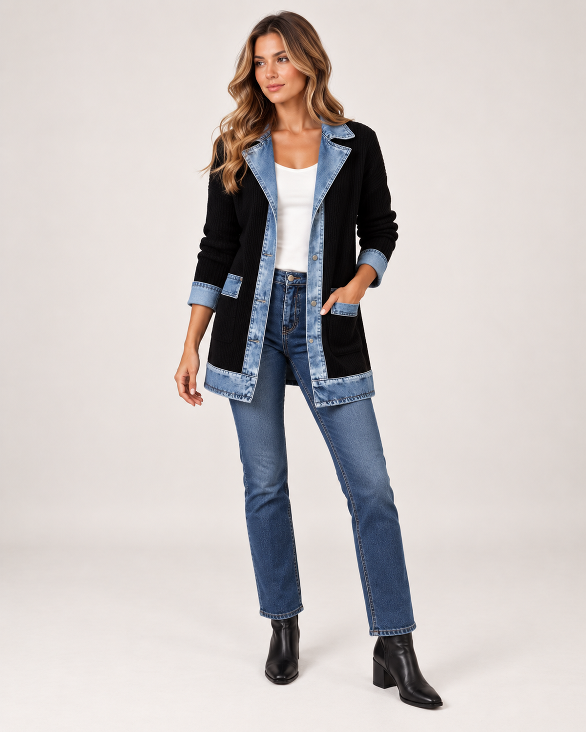 Women’s Coatigan with Denim Collar and Button Front in Black, full body view