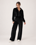 Women’s Loungewear Set with Zip Up Top and Wide Leg Trousers in Black, full body view