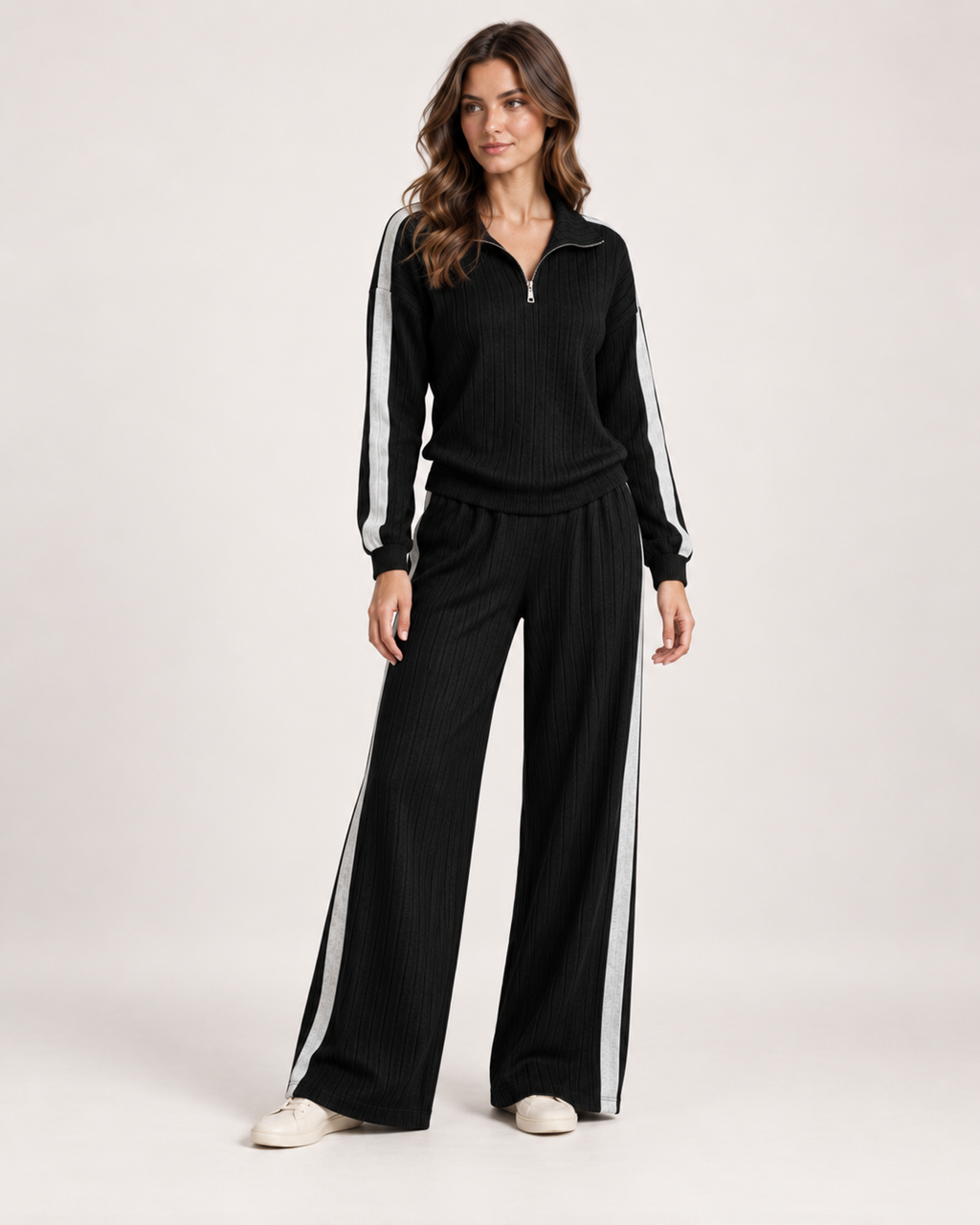 Women’s Co-Ord Set with Half Zip Top and Wide Leg Trousers in Black, full body view