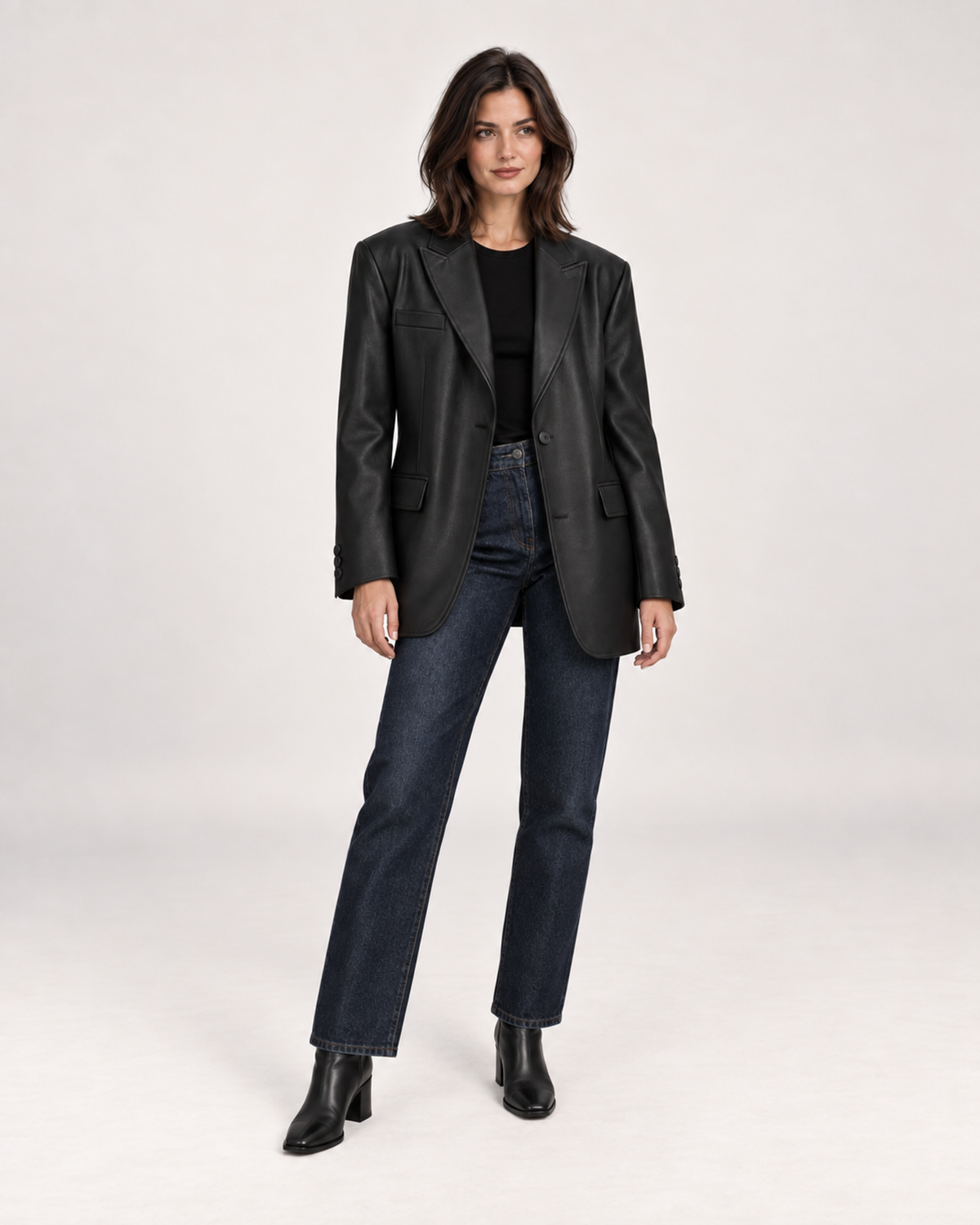 Women’s Faux Leather Blazer with Oversized Fit in Black, full body view