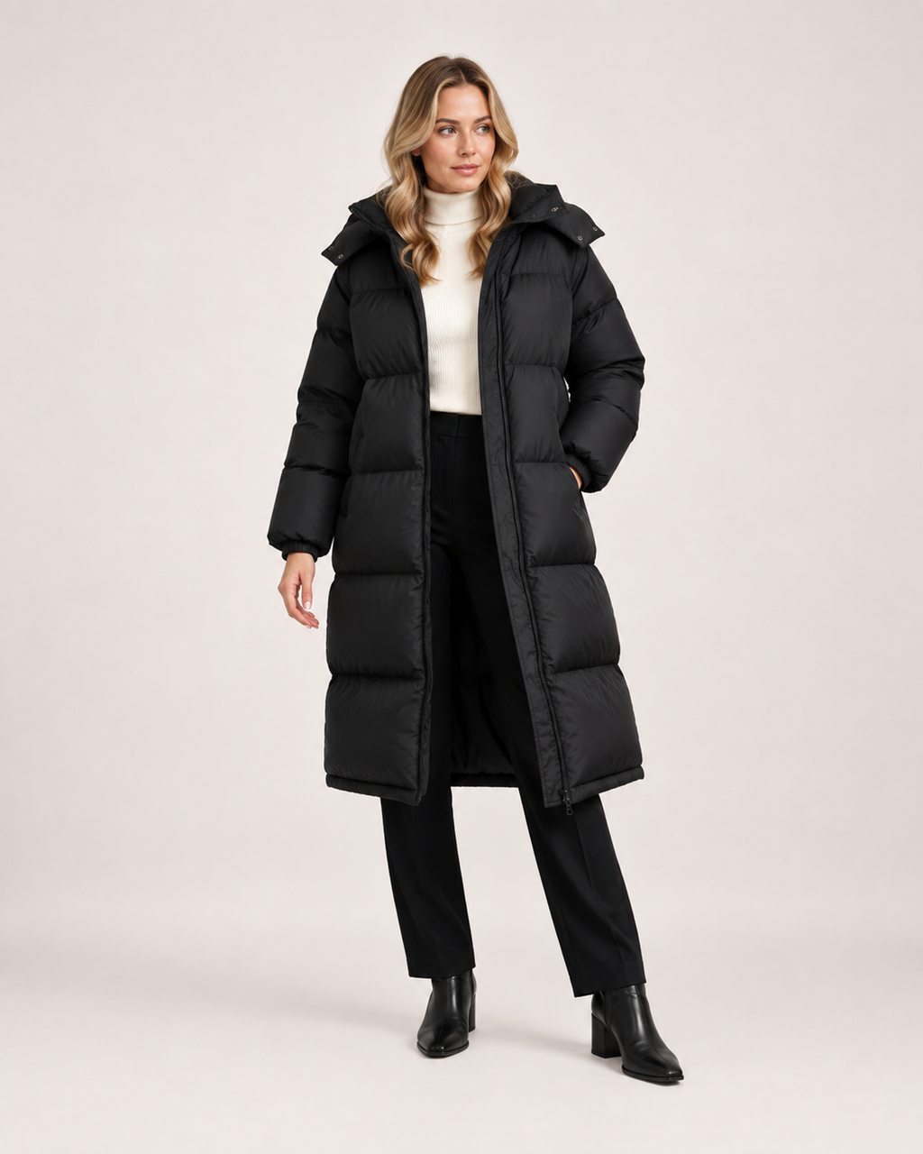 Women’s Long Puffer Coat with Hood and Oversized Fit in Black, full body view