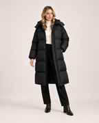 Women’s Long Puffer Coat with Hood and Oversized Fit in Black, full body view