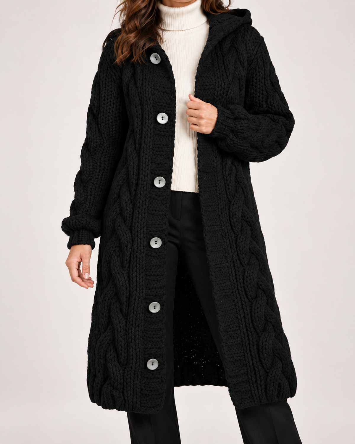 Women's Longline Cardigan with Cable Knit and Hood product view
