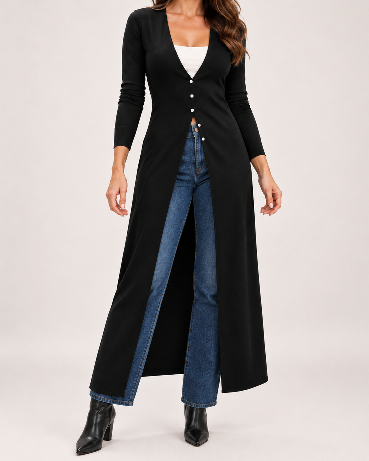 Women's Coatigan with V Neck and Longline Button Front product view