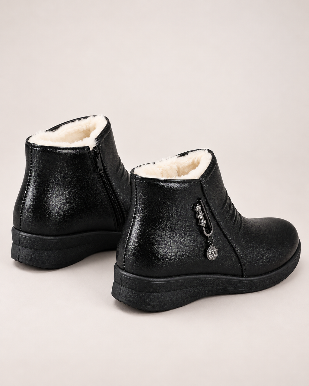 Women’s Ankle Boots with Fleece Lining and Side Zip in Black, product only view