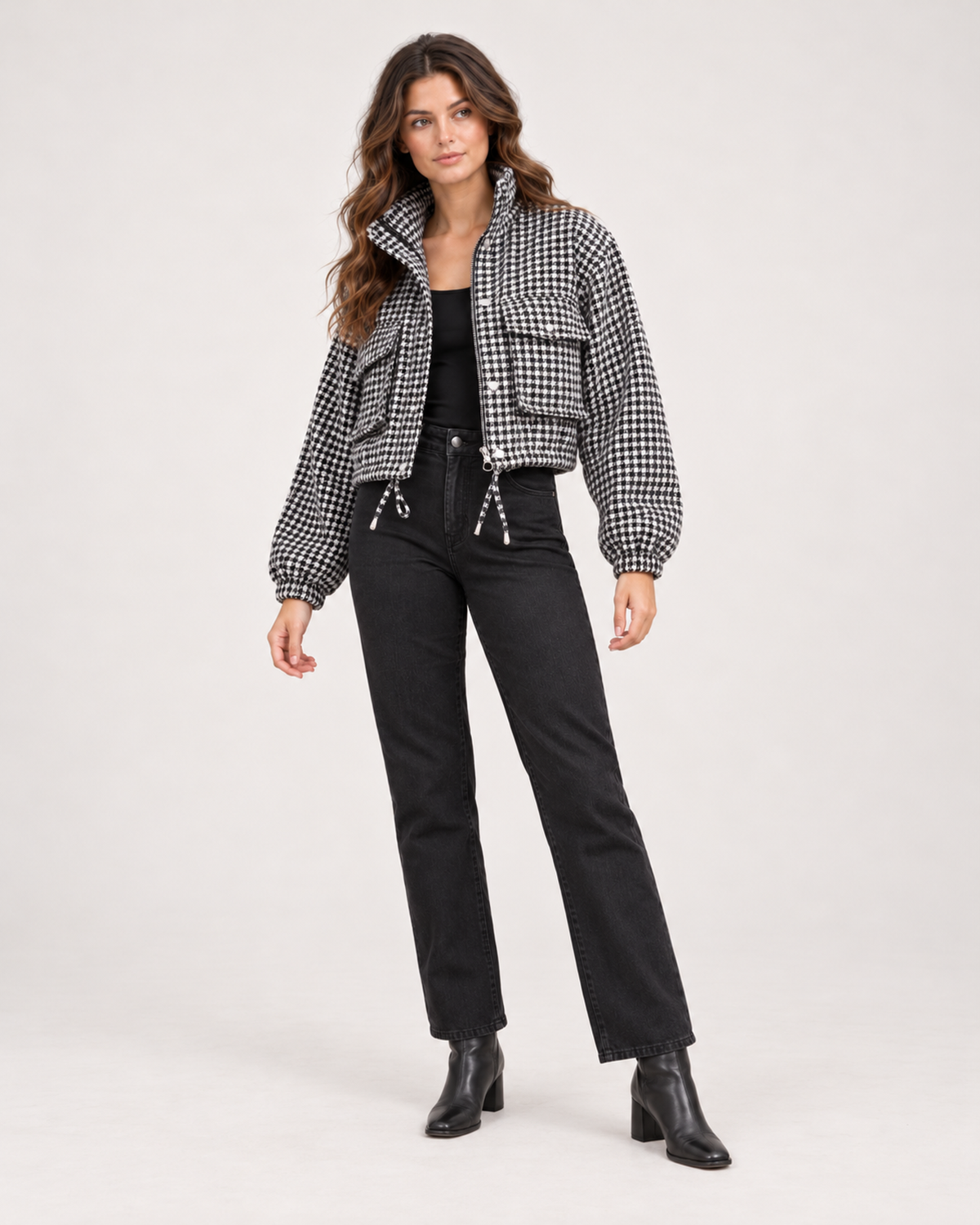 Women’s Checked Jacket with Cropped Shape and Utility Pockets in Black & White, full body view