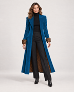 Women’s Longline Coat with Leopard Print Trim in Blue, full body view
