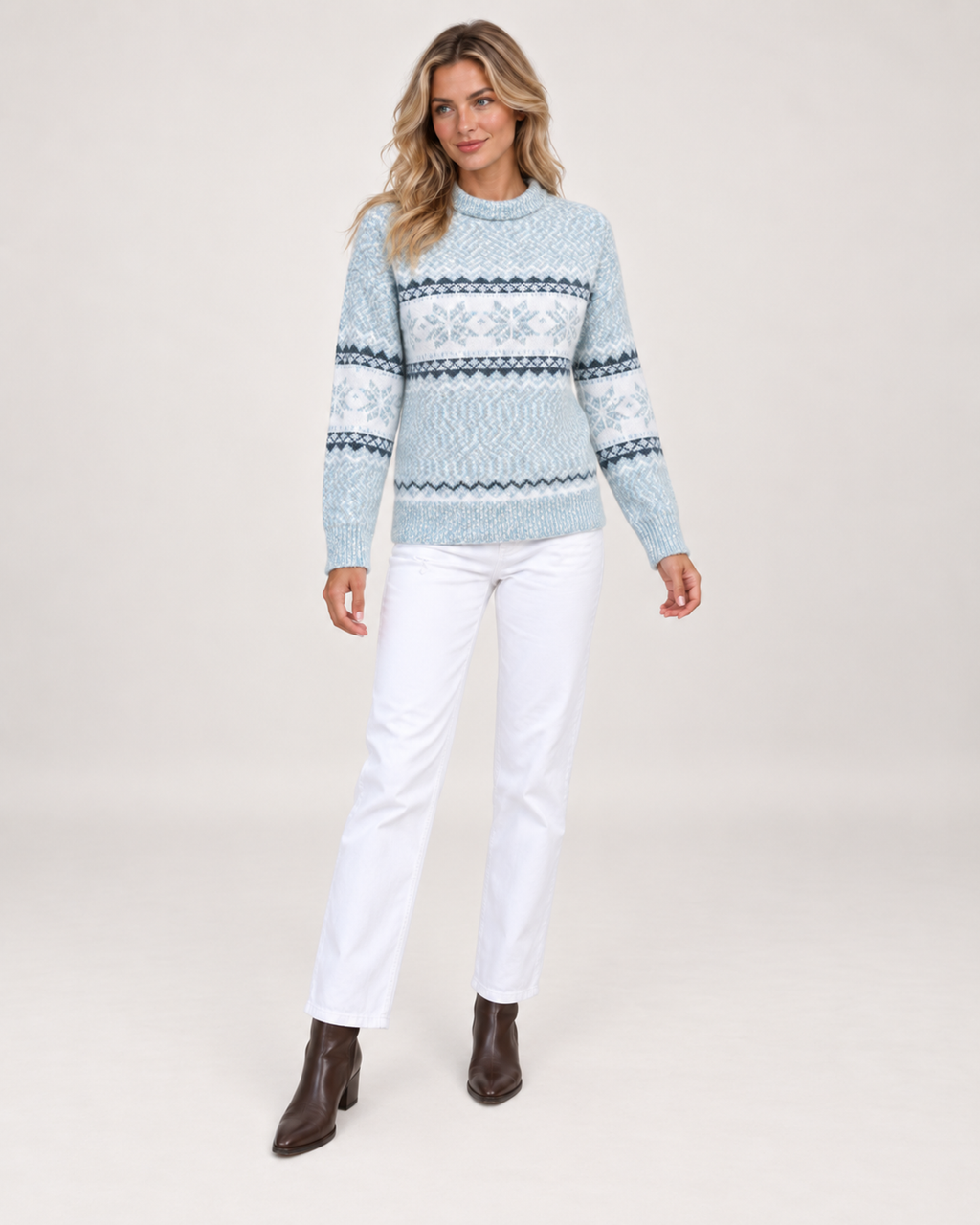 Women’s Christmas Jumper with Fair Isle Pattern and Roll Neck in Blue, full body view