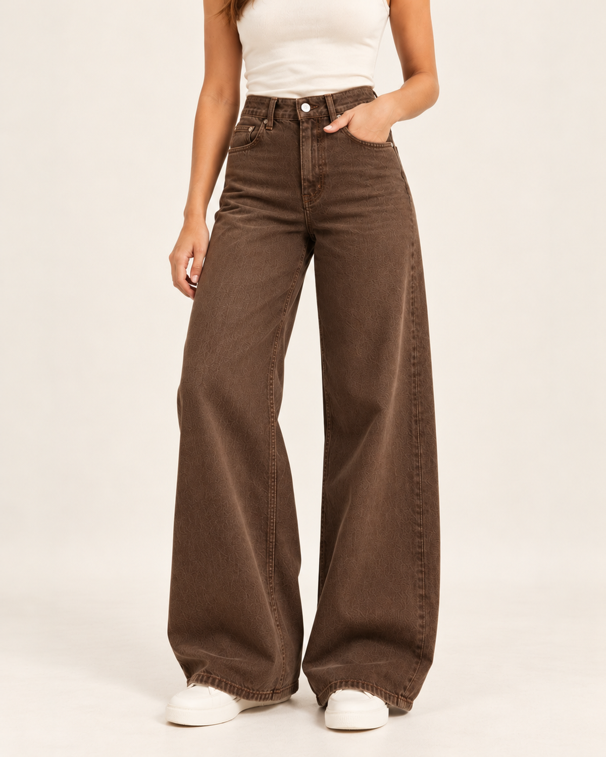 Women's brown high waist wide leg jeans product detail view