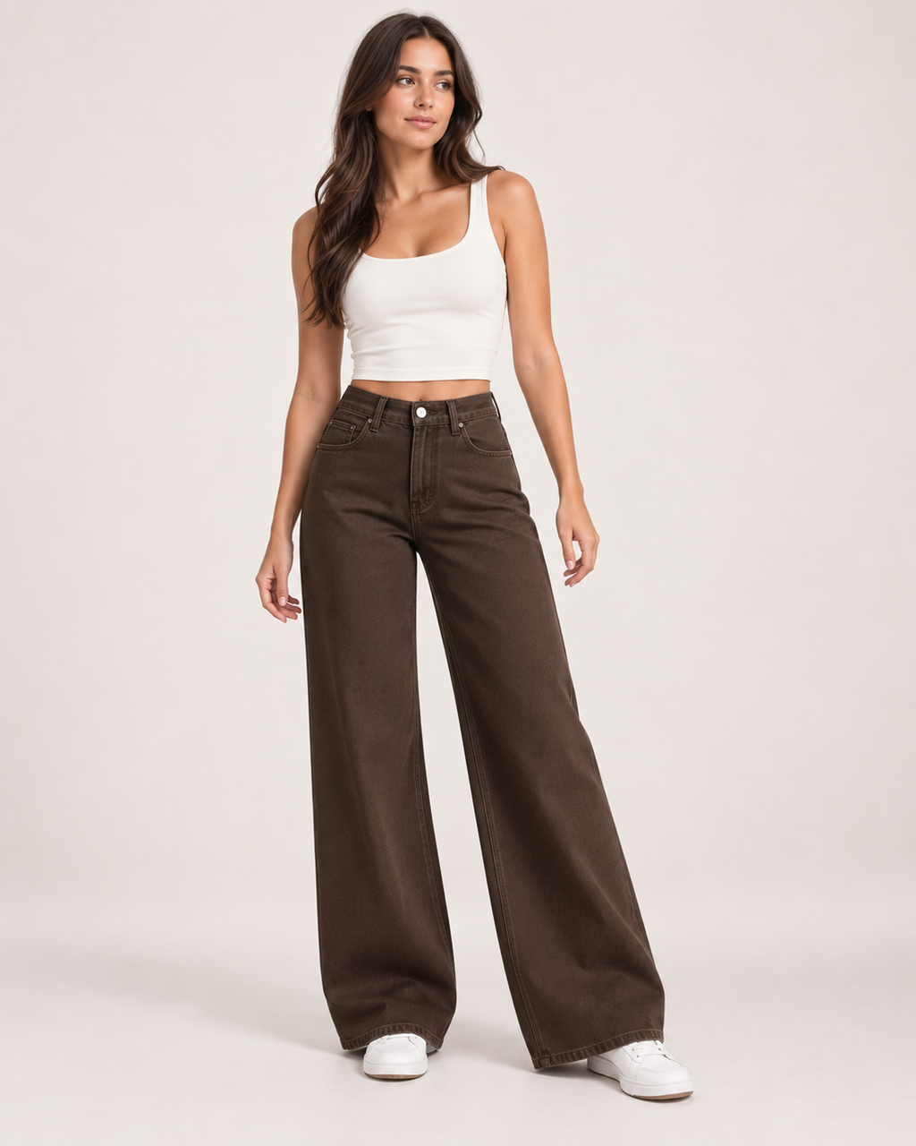 Women’s Wide Leg Jeans in Brown with High Waist in Brown, full body view
