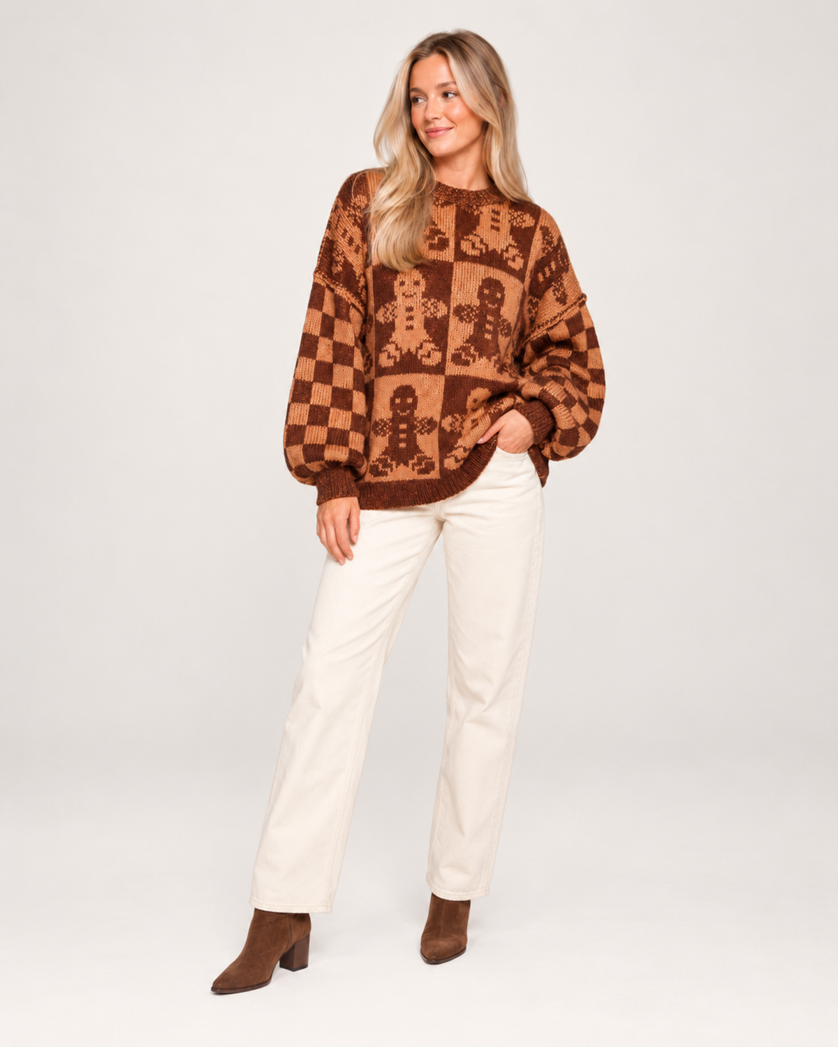 Women’s Christmas Jumper with Gingerbread Pattern in Brown, full body view