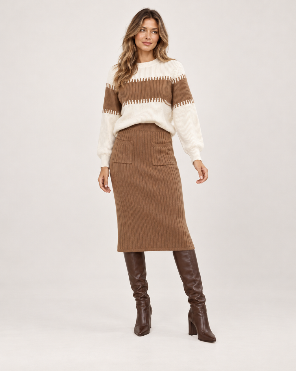 Women’s Knitted Co-Ord Set with Colour-Block Jumper and Midi Skirt in Brown, full body view