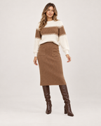 Women’s Knitted Co-Ord Set with Colour-Block Jumper and Midi Skirt in Brown, full body view