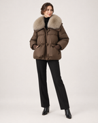 Women’s Puffer Jacket with Faux Fur Collar and Drawstring Waist in Brown, full body view