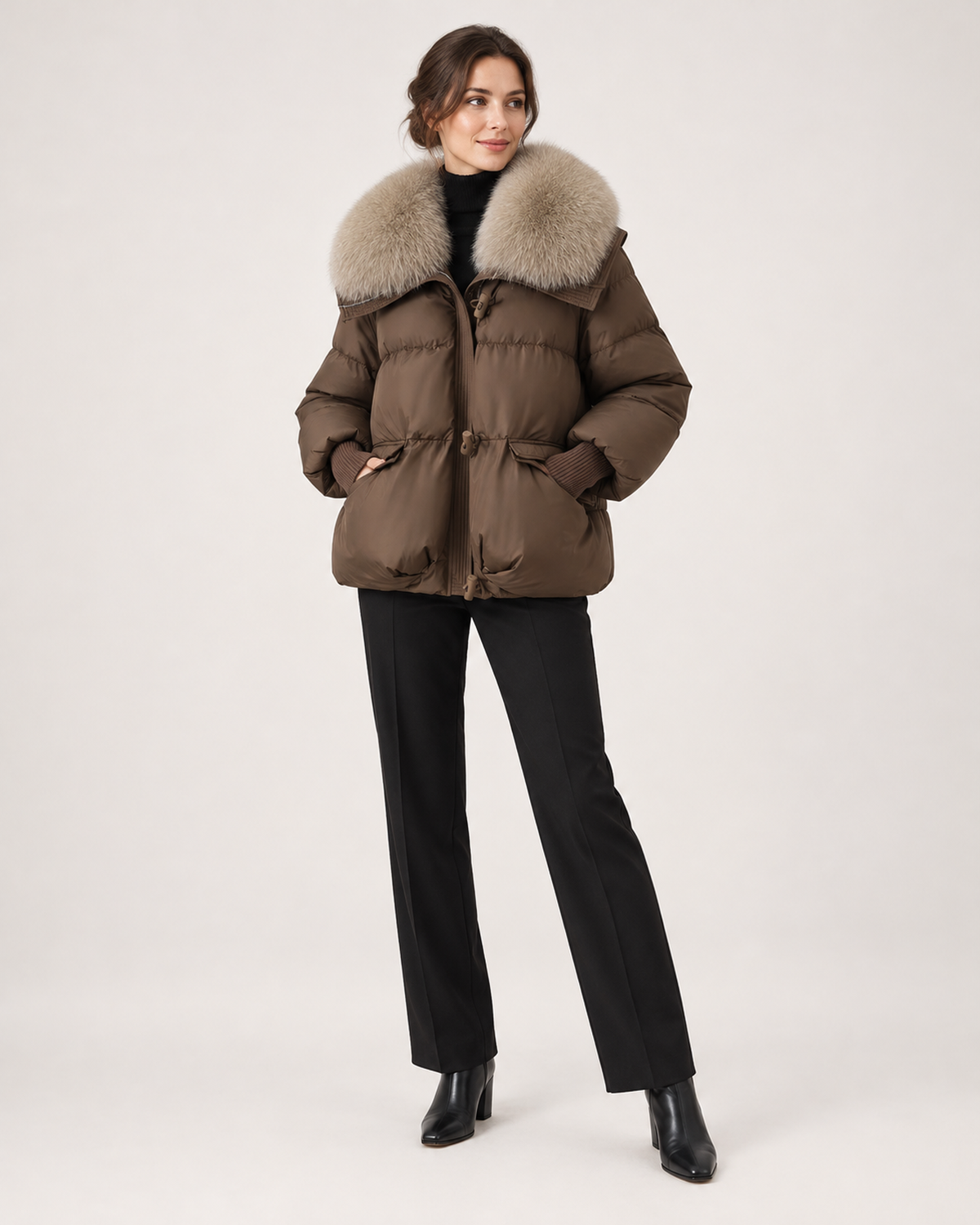 Women’s Puffer Jacket with Faux Fur Collar and Drawstring Waist in Brown, full body view