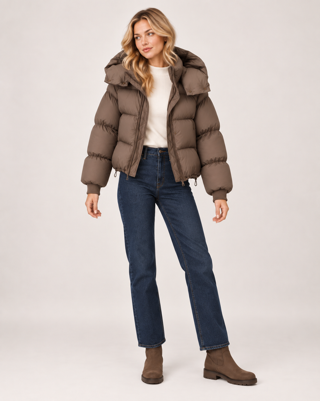Women’s Puffer Jacket with Oversized Hood and Drawstring Hem in Brown, full body view