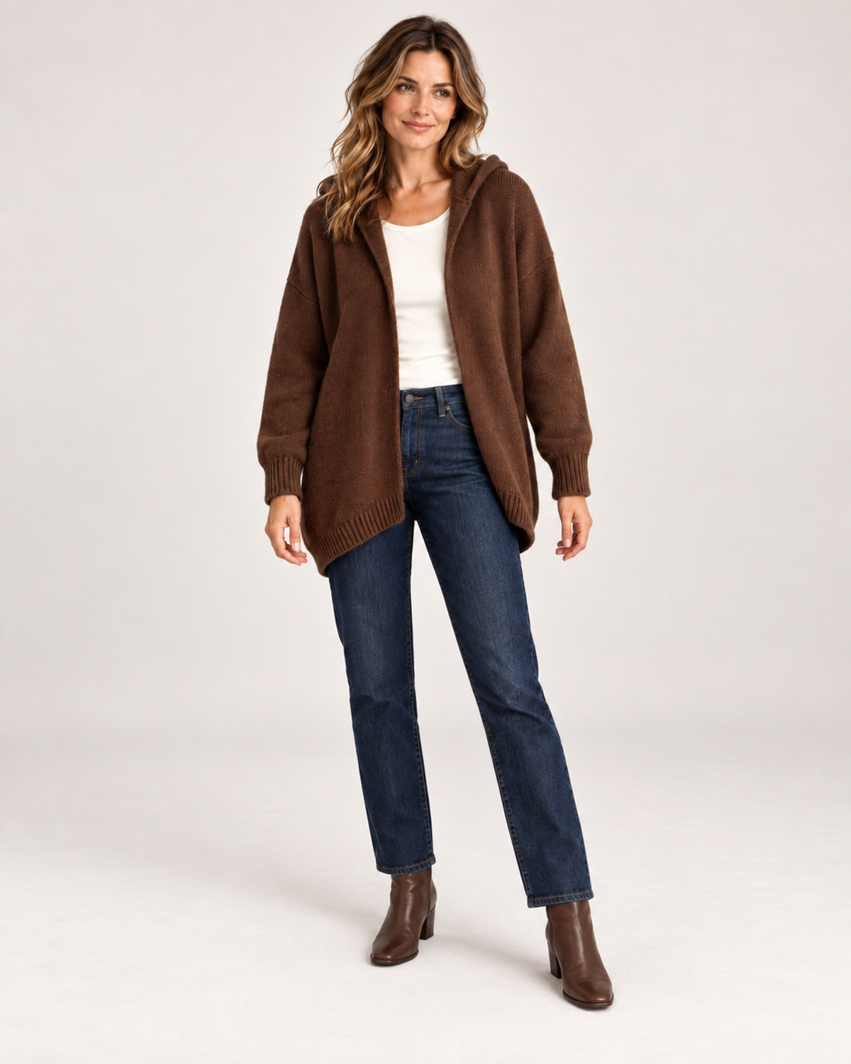 Women’s Hooded Cardigan with Knitted Finish in Brown, full body view