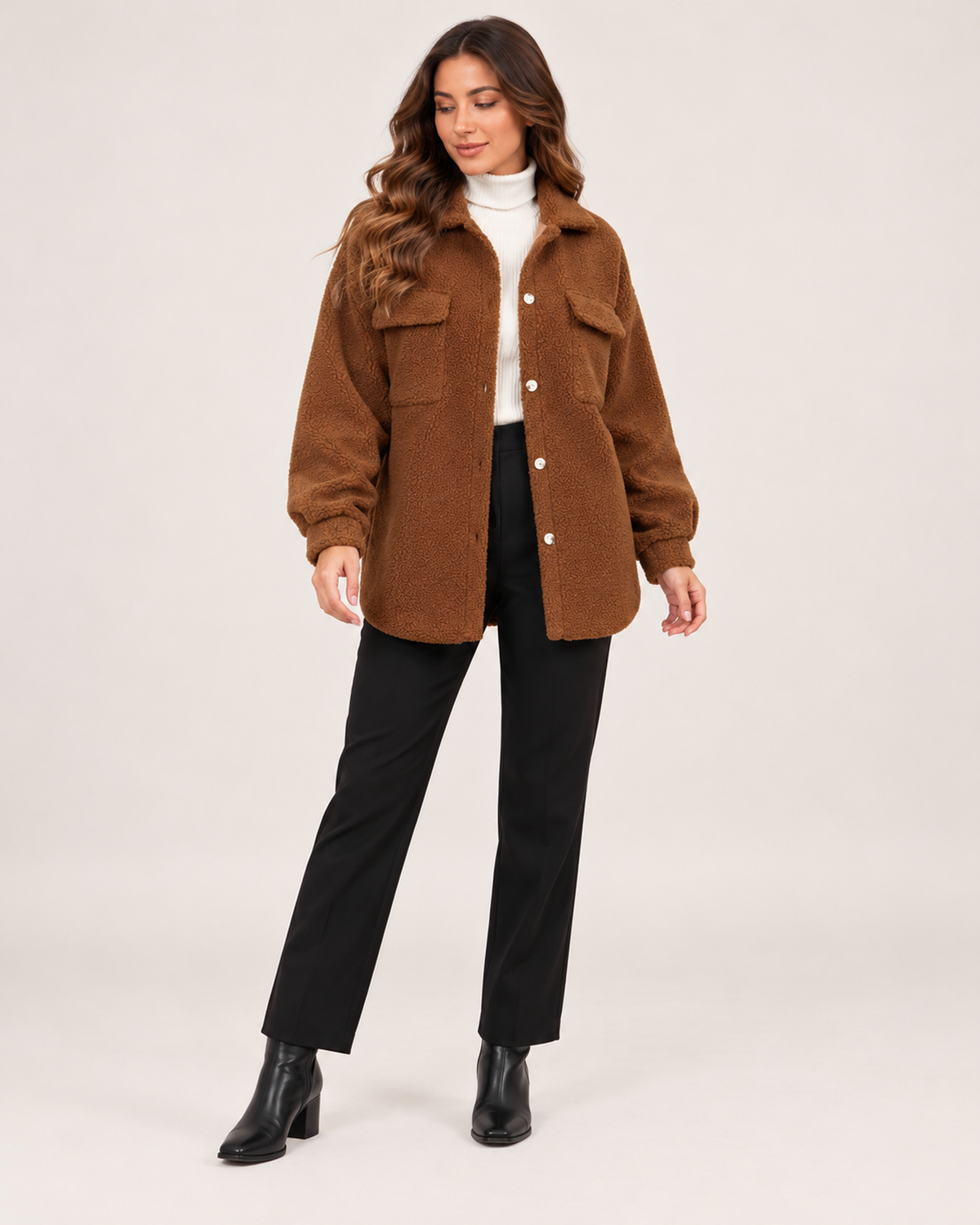 Women’s Teddy Jacket with Button Front and Chest Pockets in Brown, full body view