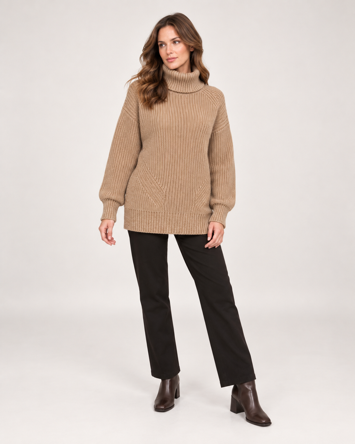 Women’s Roll Neck Jumper with Relaxed Longline Fit in Brown, full body view