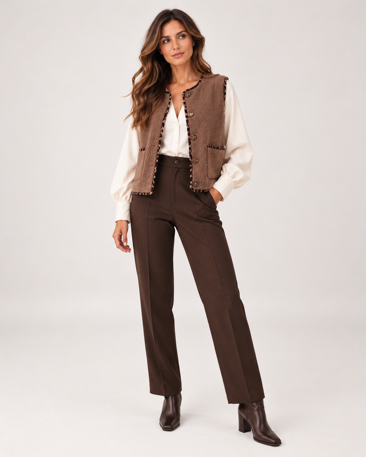 Women’s Borg Gilet with Contrast Trim and Pockets in Brown, full body view