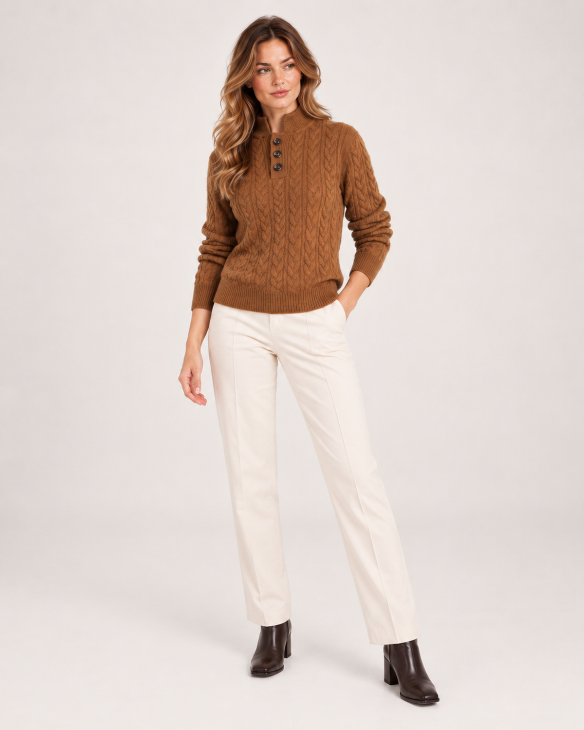 Women’s Cable Knit Jumper with Stand Collar and Button Neck in Brown, full body view
