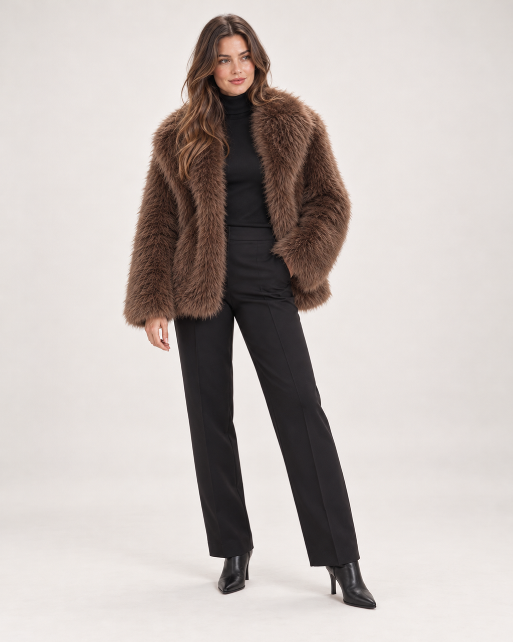Women’s Faux Fur Jacket with Wide Collar in Brown, full body view