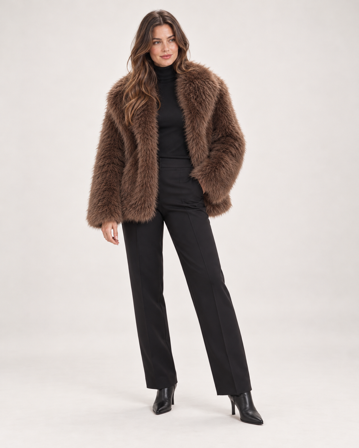 Women’s Faux Fur Jacket with Wide Collar in Brown, full body view