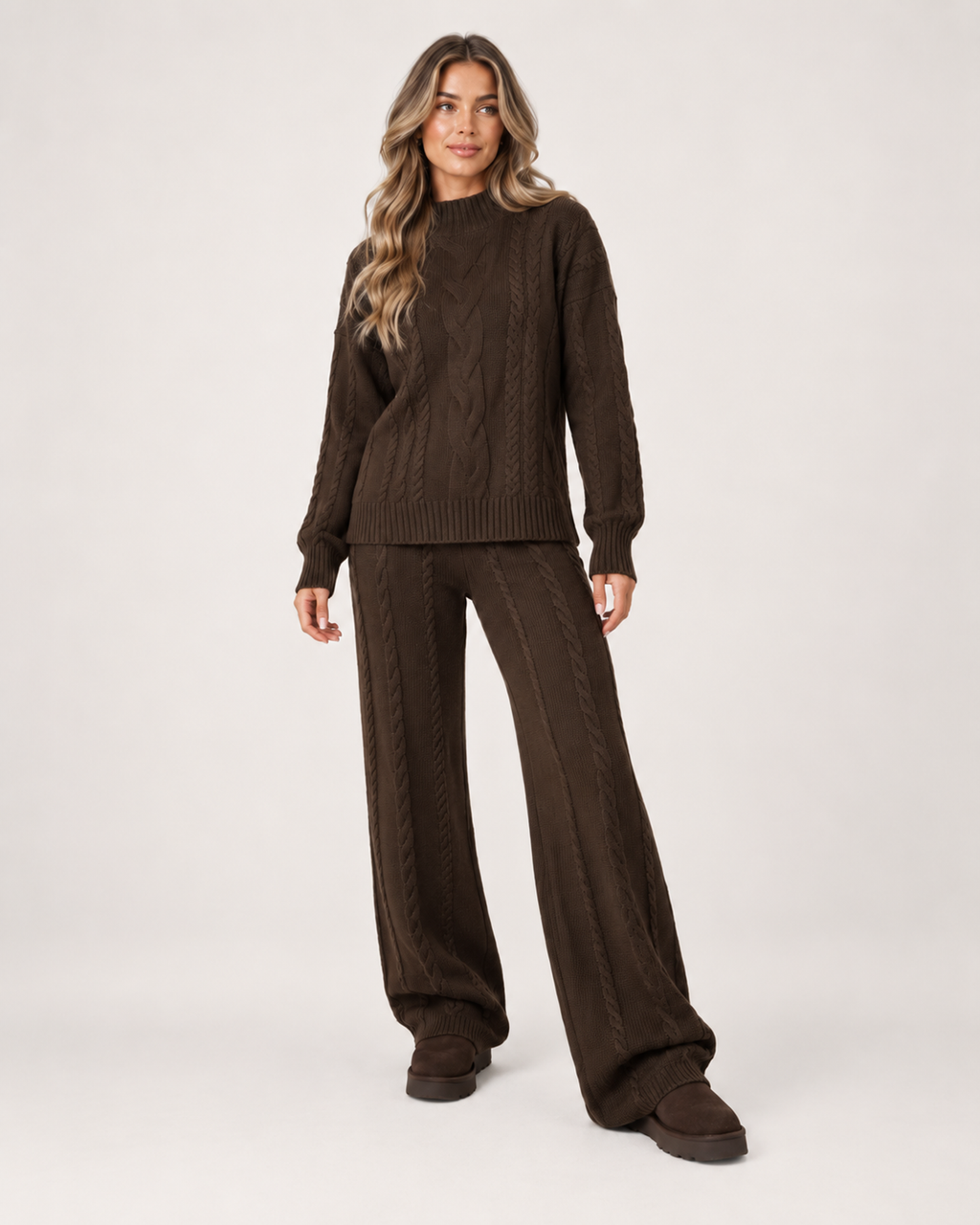 Women’s Knitted Co-Ord Set with Cable Knit Jumper and Wide Leg Trousers in Brown, full body view