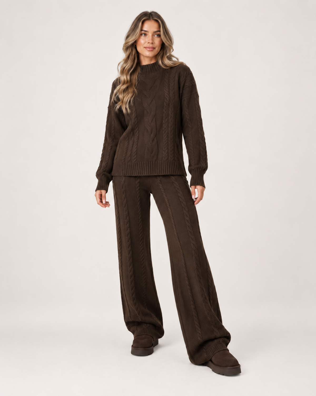 Women’s Knitted Co-Ord Set with Cable Knit Jumper and Wide Leg Trousers in Brown, full body view