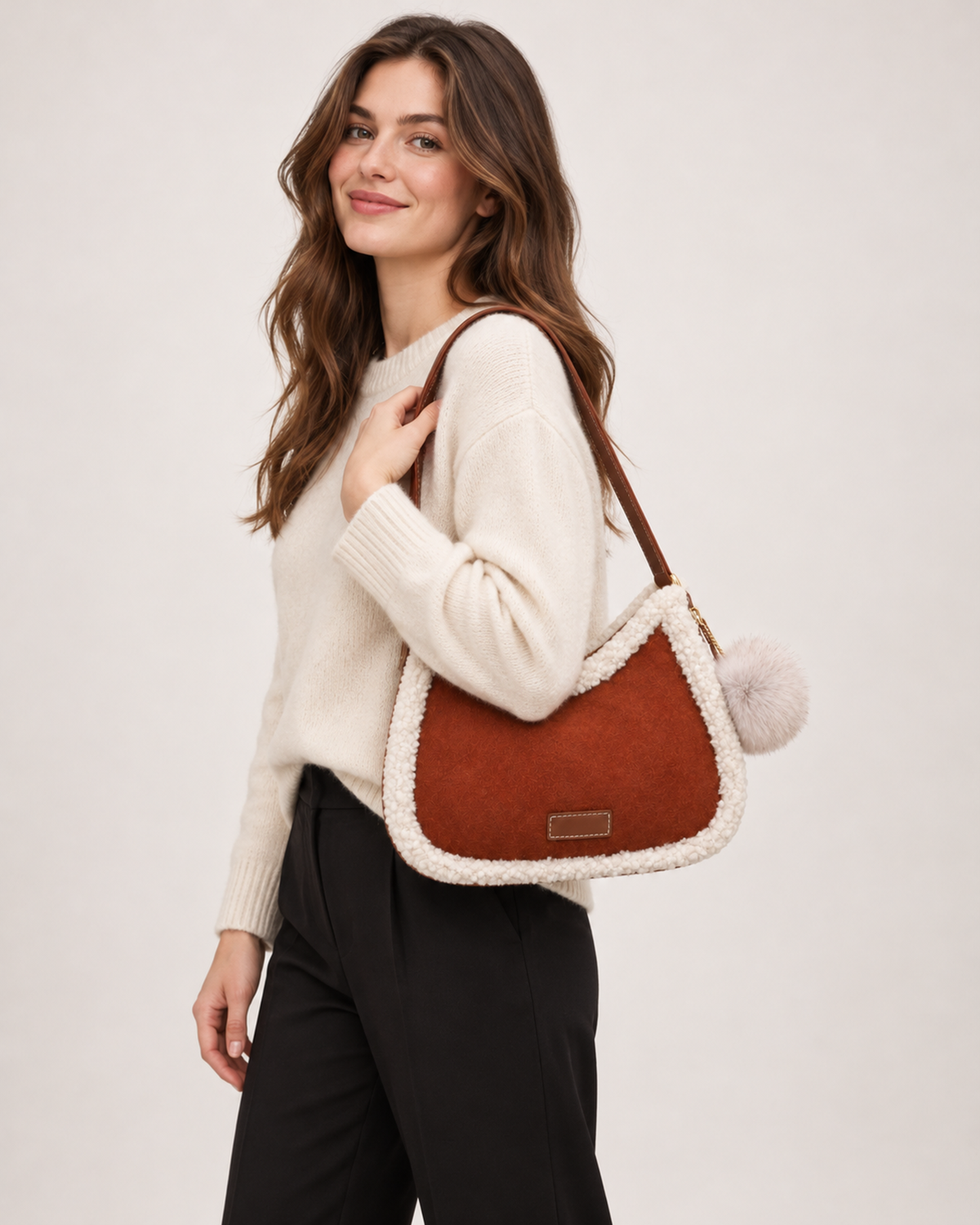 Women’s Fluffy Shoulder Bag with Pom Pom Charm in Brown, upper body product focus view