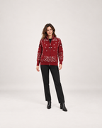 Women’s Knitted Cardigan with Zip Front and High Neck in Burgundy, full body view