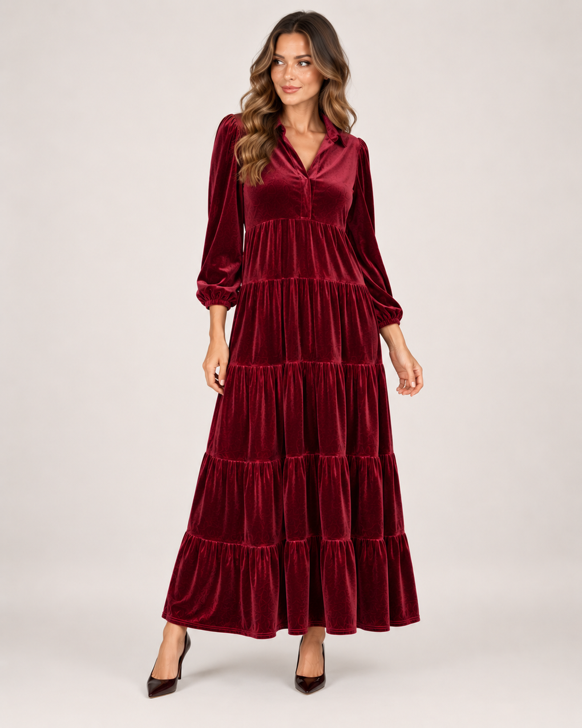 Women’s Velvet Maxi Dress with Collar and Tiered Skirt in Burgundy, full body view