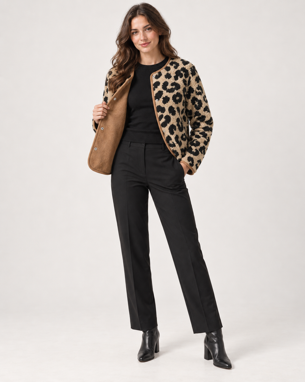Women’s Leopard Print Jacket with Contrast Lining in Camel, full body view