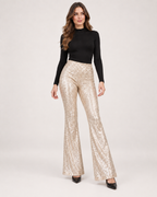 Women’s Sequin Trousers with Flared Legs in Champagne, full body view