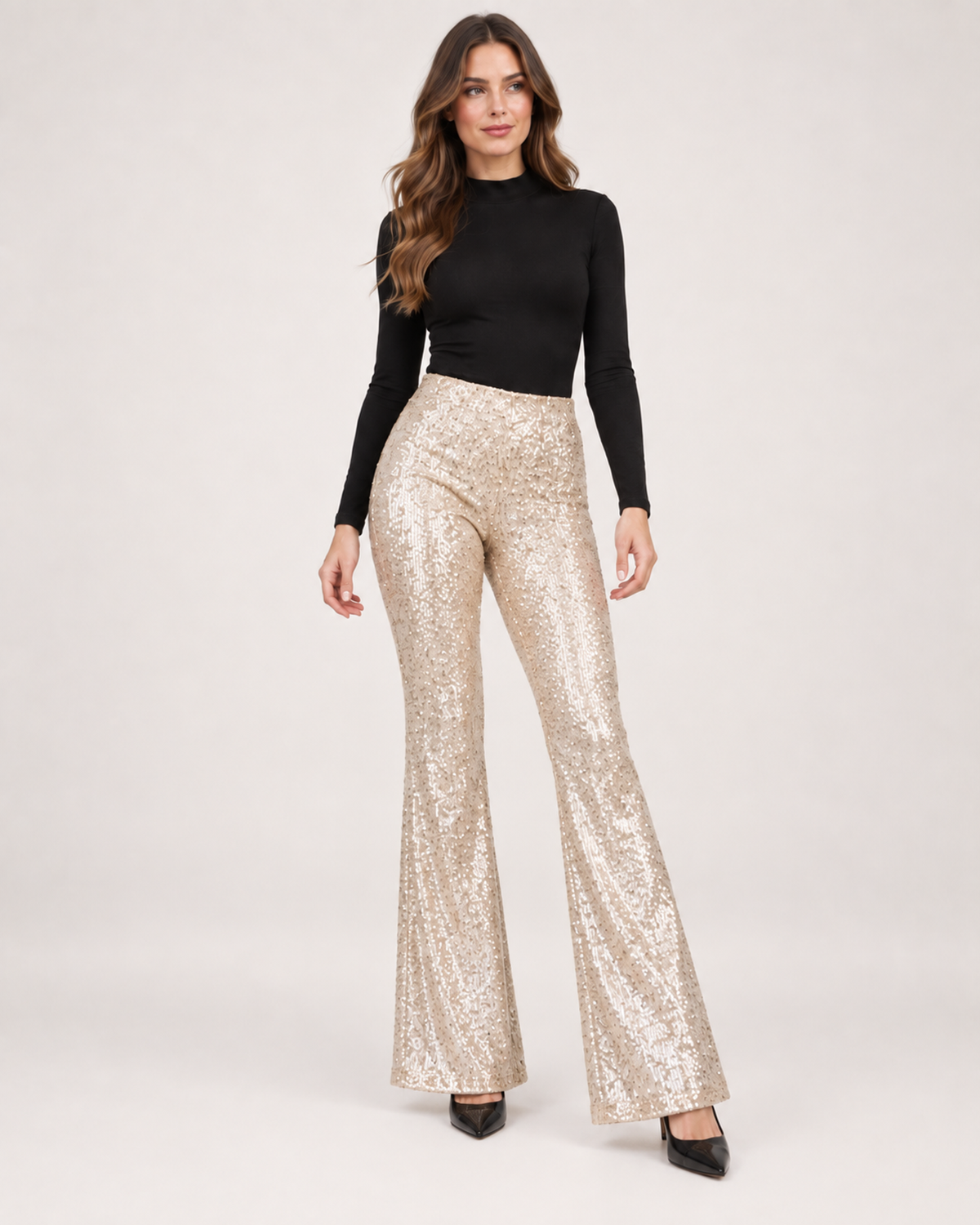 Women’s Sequin Trousers with Flared Legs in Champagne, full body view
