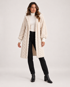 Women’s Longline Cardigan with Hood and Cable Texture in Cream, full body view