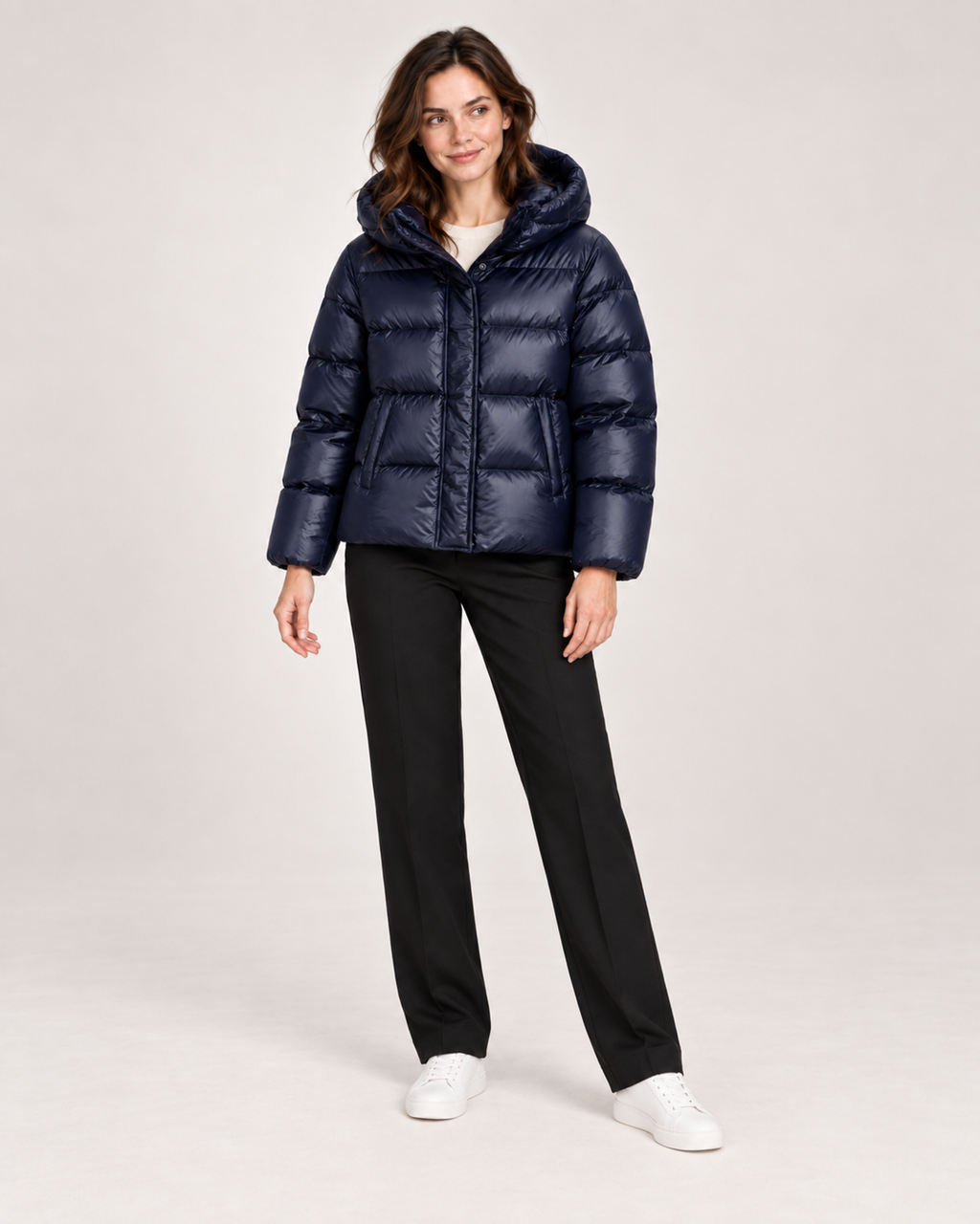 Women’s Puffer Jacket with Hood and Zip Front in Dark Blue, full body view