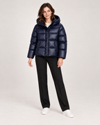 Women’s Puffer Jacket with Hood and Zip Front in Dark Blue, full body view