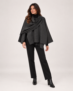 Women’s Cape Coat with Asymmetric Scarf Collar in Dark Grey, full body view