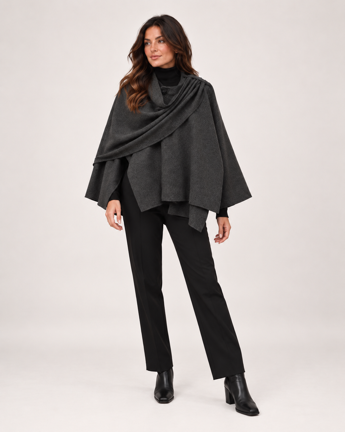 Women’s Cape Coat with Asymmetric Scarf Collar in Dark Grey, full body view