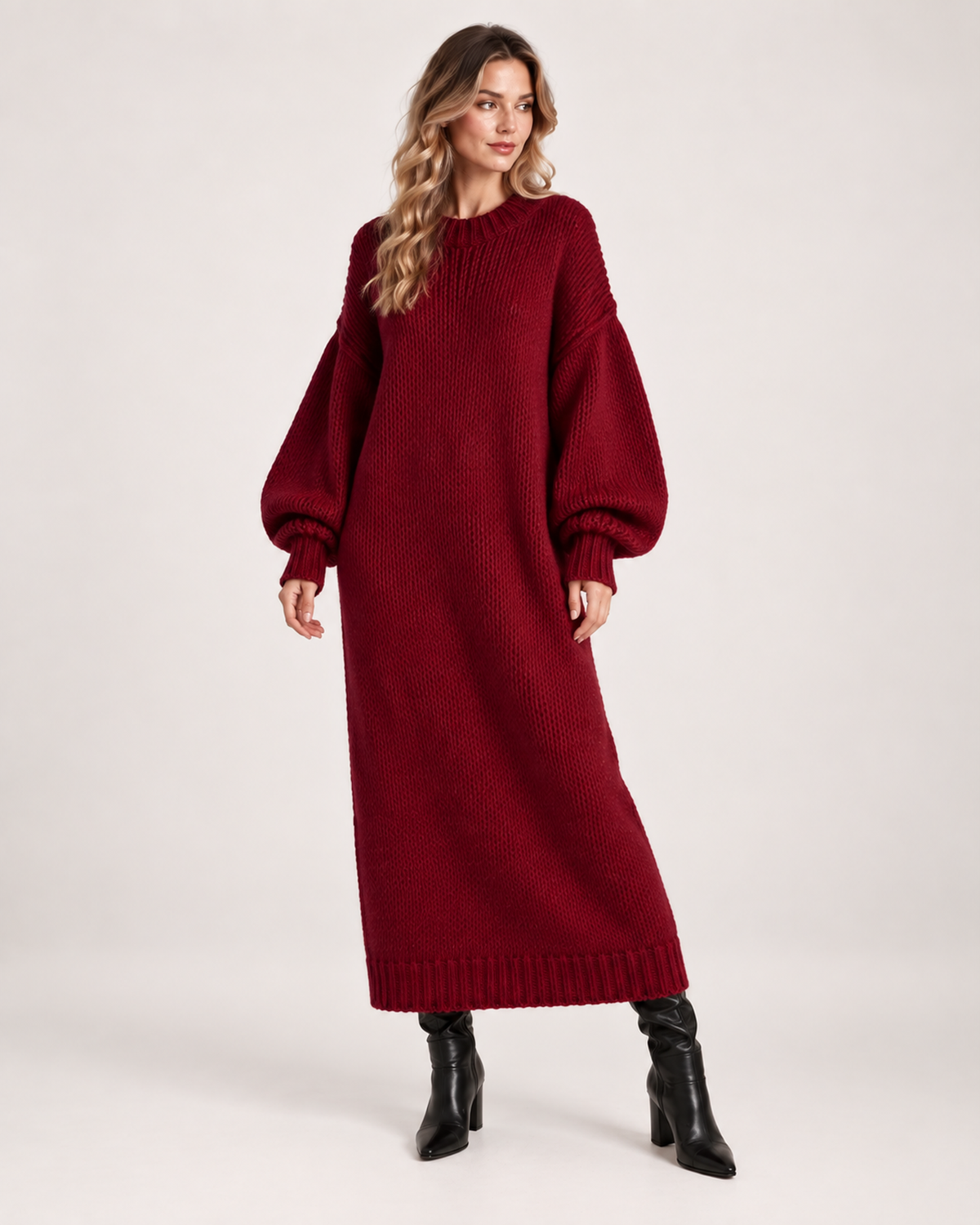 Women’s Knitted Maxi Dress with Balloon Sleeves in Dark Red, full body view