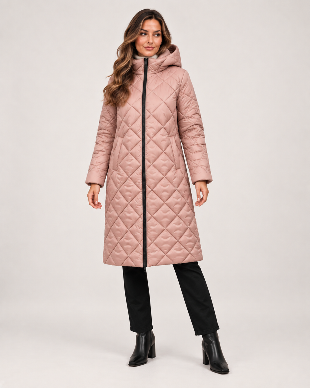 Women’s Long Puffer Jacket with Hood and Diamond Quilting in Dusty Pink, full body view