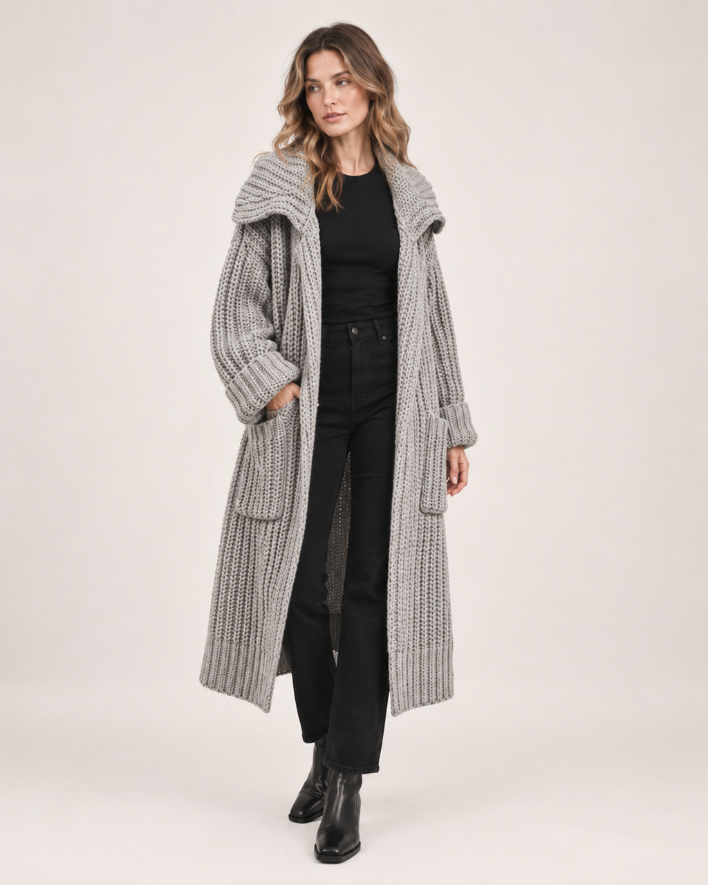Women’s Long Cardigan with Shawl Collar in Grey, full body view