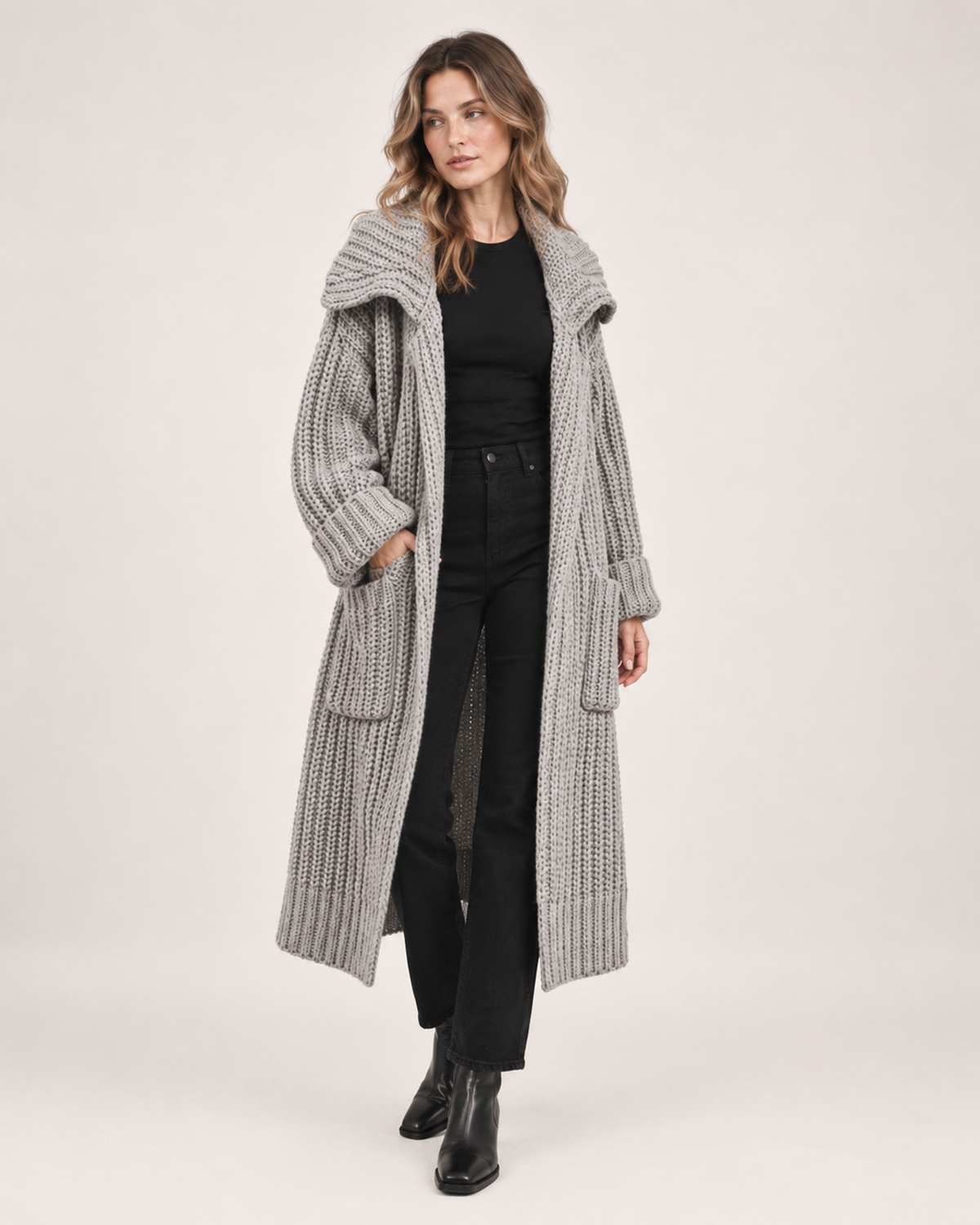 Women’s Long Cardigan with Shawl Collar in Grey, full body view