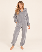 Women’s Fleece Onesie with Hood and Bear Ear Detail in Grey, full body view