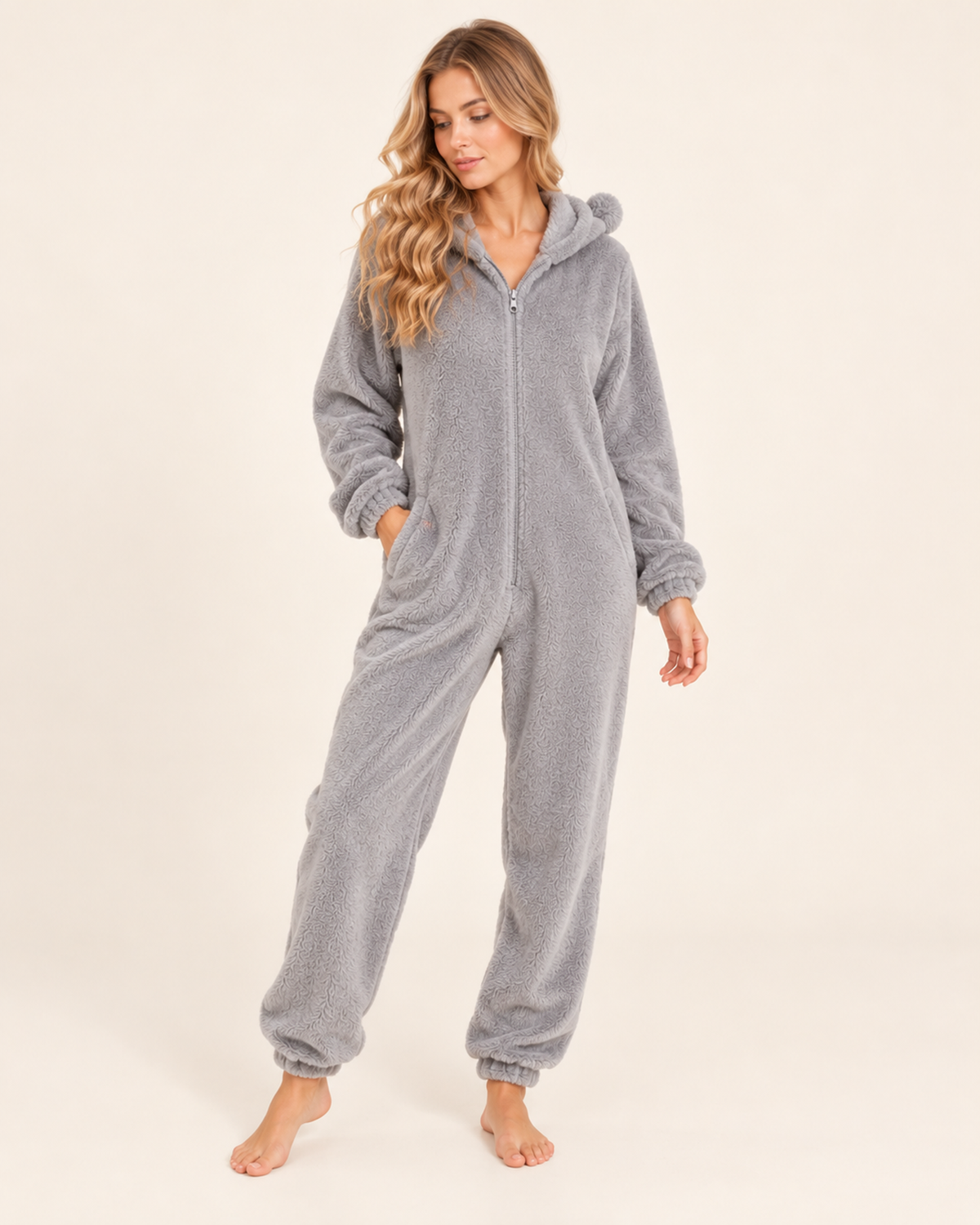 Women’s Fleece Onesie with Hood and Bear Ear Detail in Grey, full body view